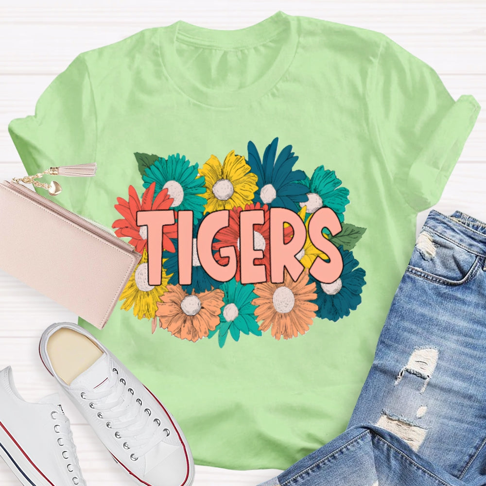 Personalized Mascot Tigers Colorful Flowers T-shirt