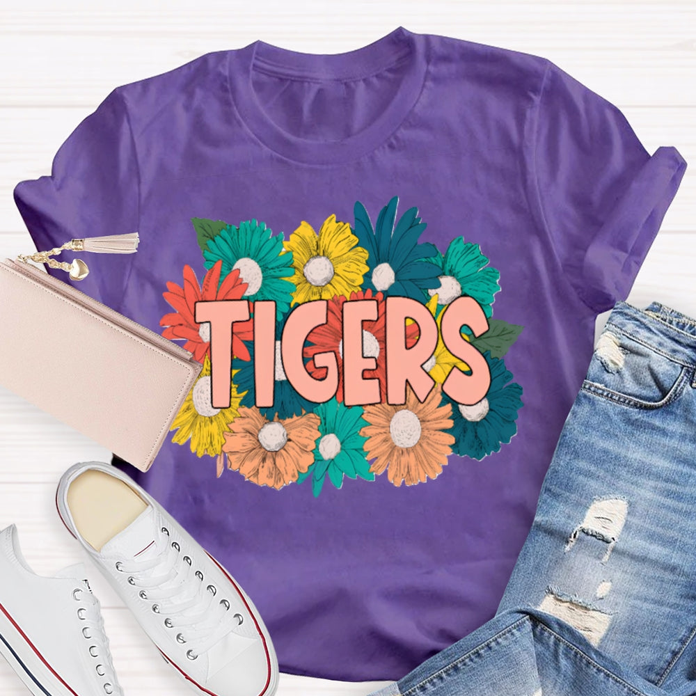 Personalized Mascot Tigers Colorful Flowers T-shirt
