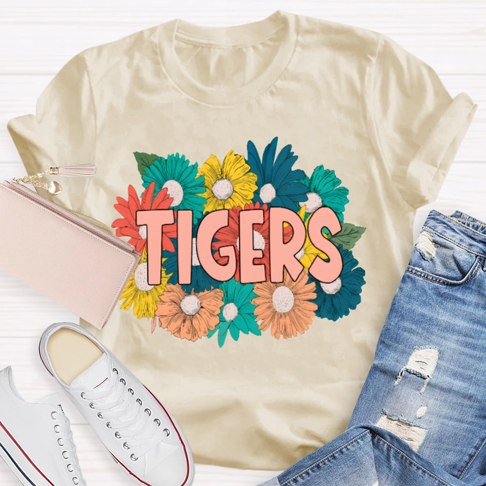Personalized Mascot Tigers Colorful Flowers T-shirt