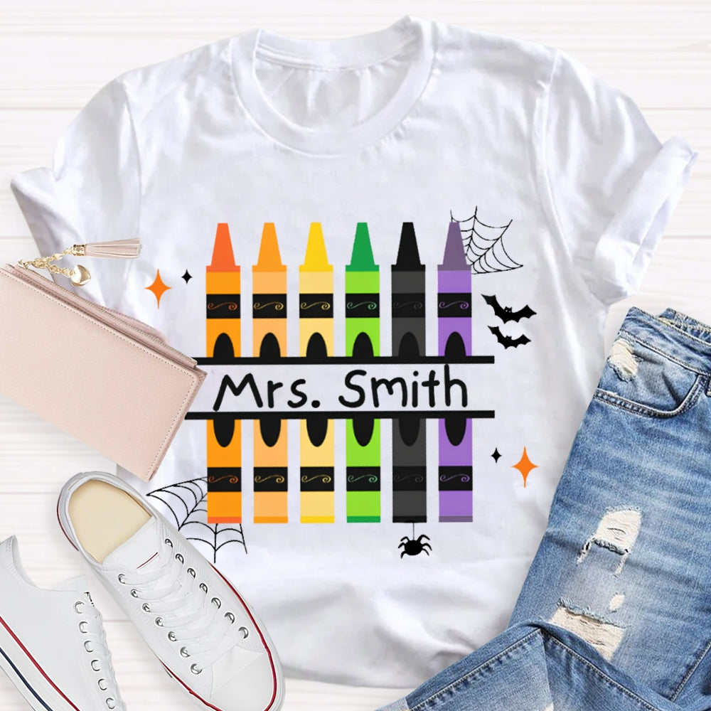 Personalized Name Colored Crayons And Spiders Halloween T-shirt