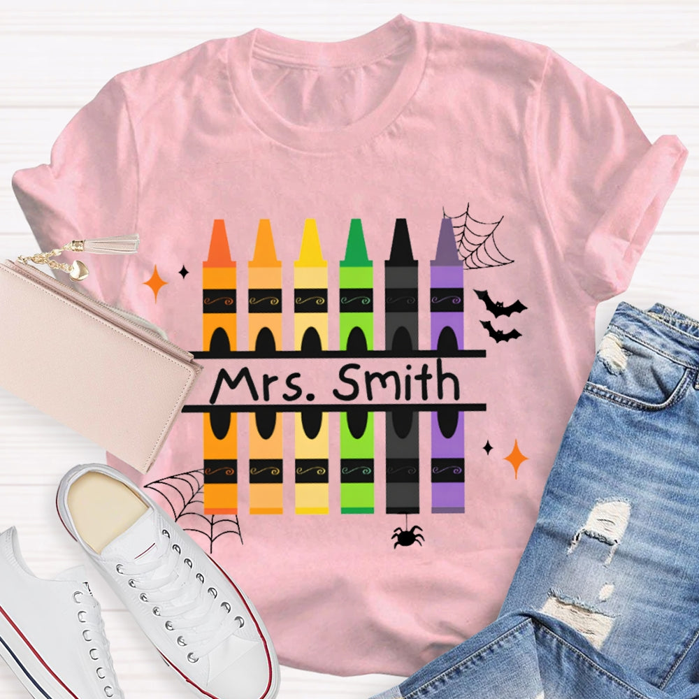 Personalized Name Colored Crayons And Spiders Halloween T-shirt