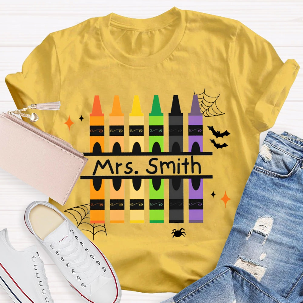 Personalized Name Colored Crayons And Spiders Halloween T-shirt