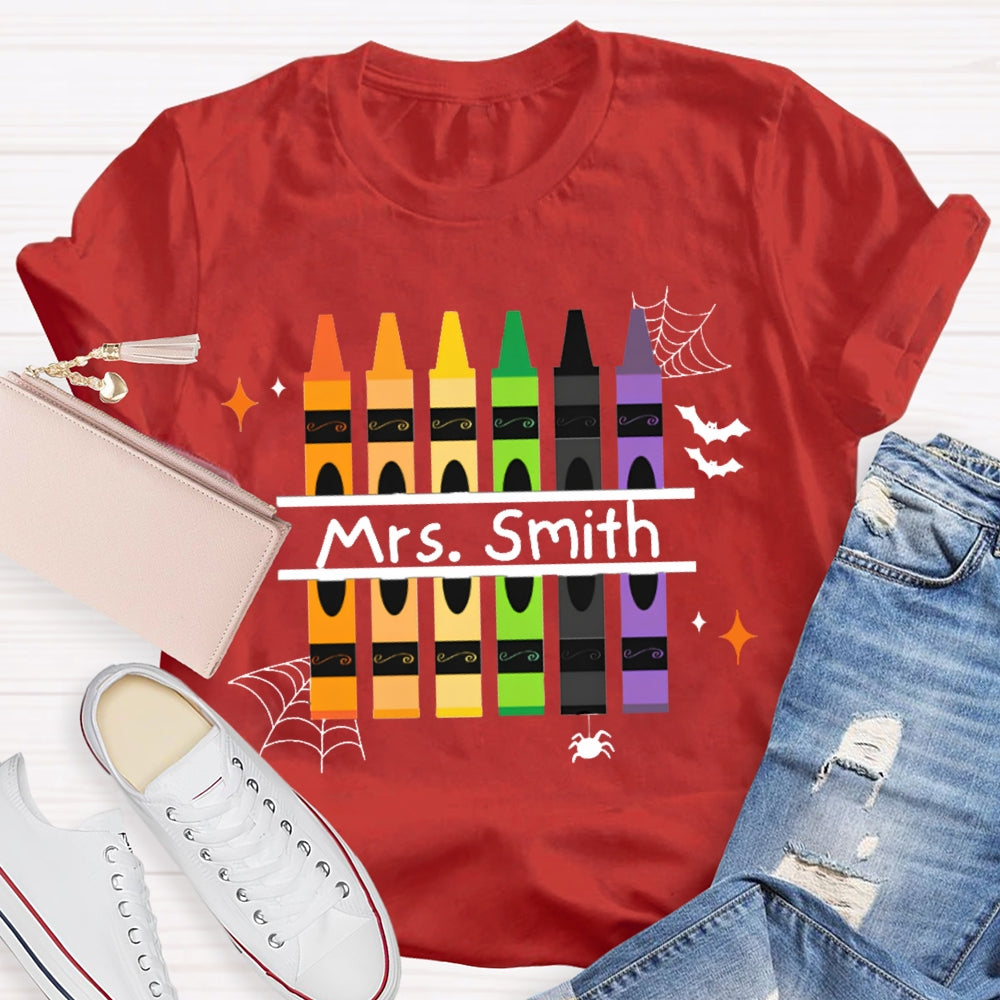 Personalized Name Colored Crayons And Spiders Halloween T-shirt