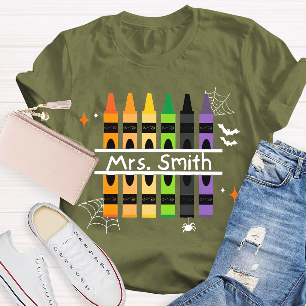Personalized Name Colored Crayons And Spiders Halloween T-shirt