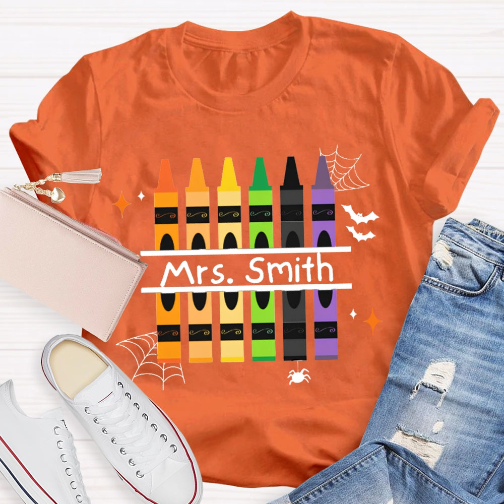 Personalized Name Colored Crayons And Spiders Halloween T-shirt