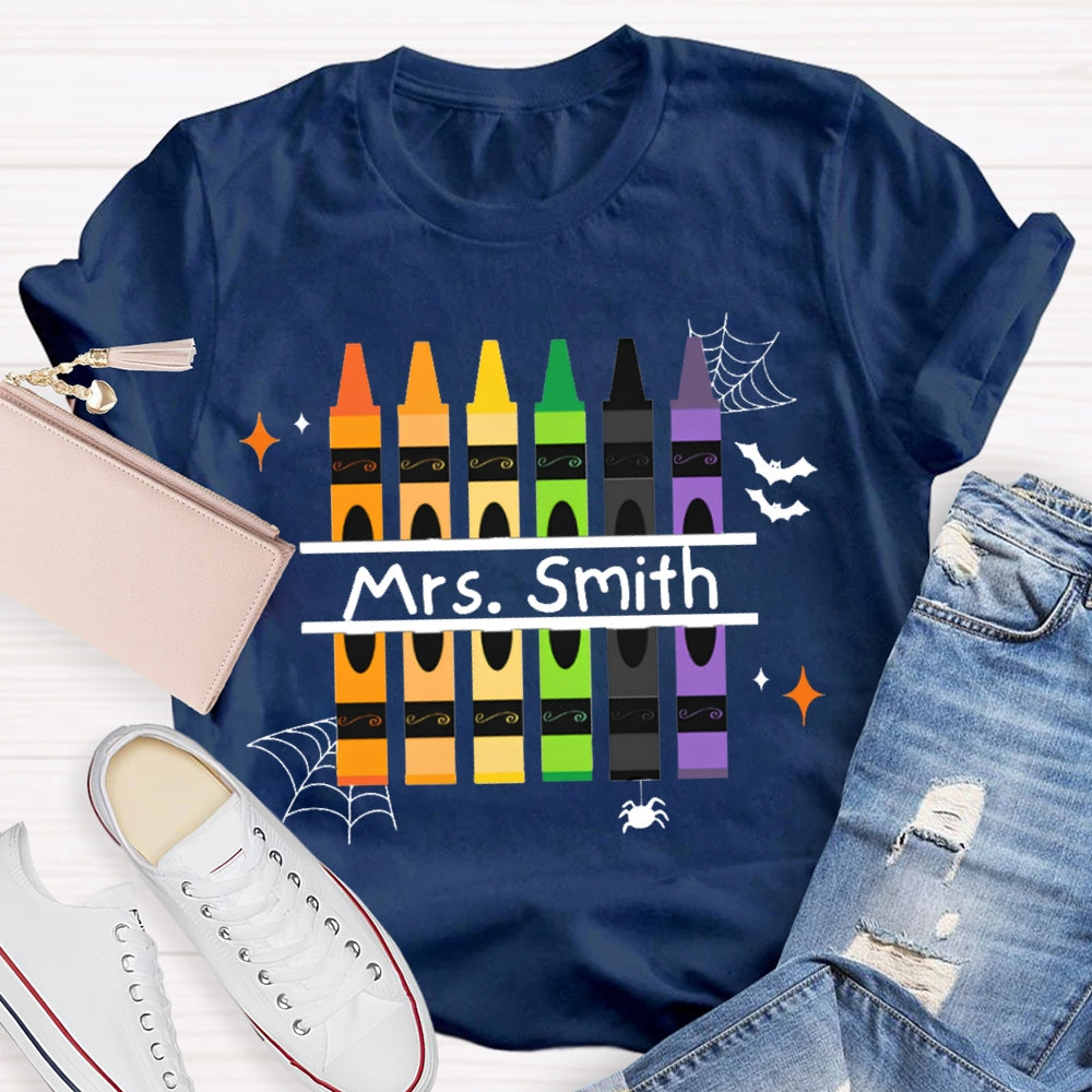 Personalized Name Colored Crayons And Spiders Halloween T-shirt