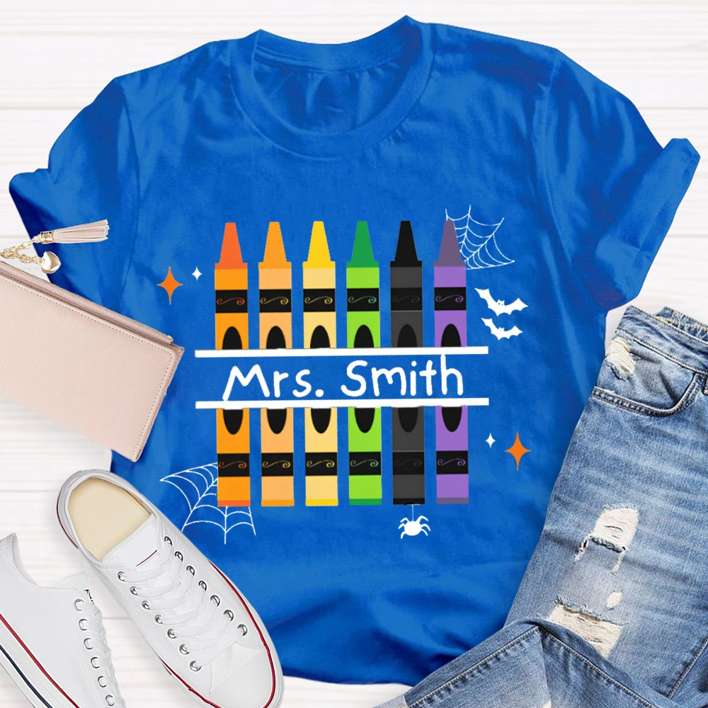 Personalized Name Colored Crayons And Spiders Halloween T-shirt