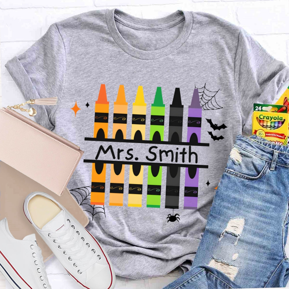 Personalized Name Colored Crayons And Spiders Halloween T-shirt