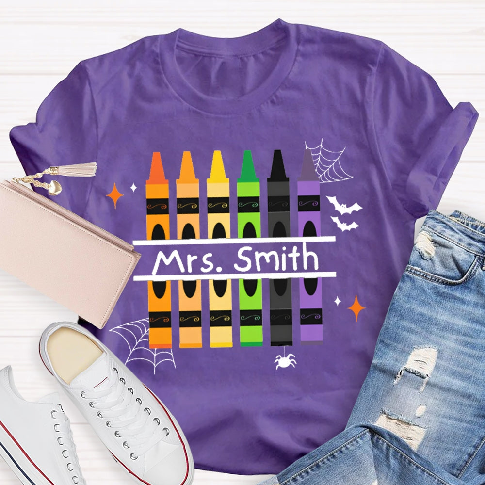 Personalized Name Colored Crayons And Spiders Halloween T-shirt