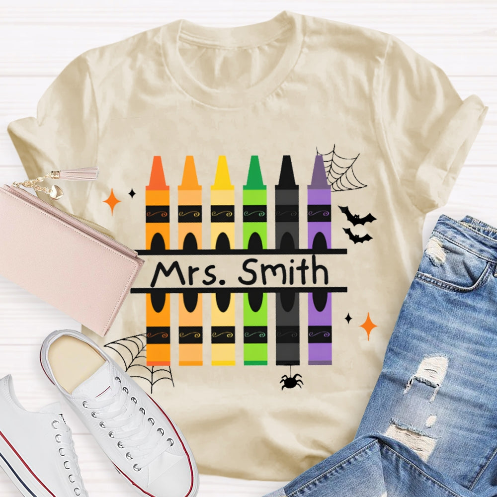 Personalized Name Colored Crayons And Spiders Halloween T-shirt