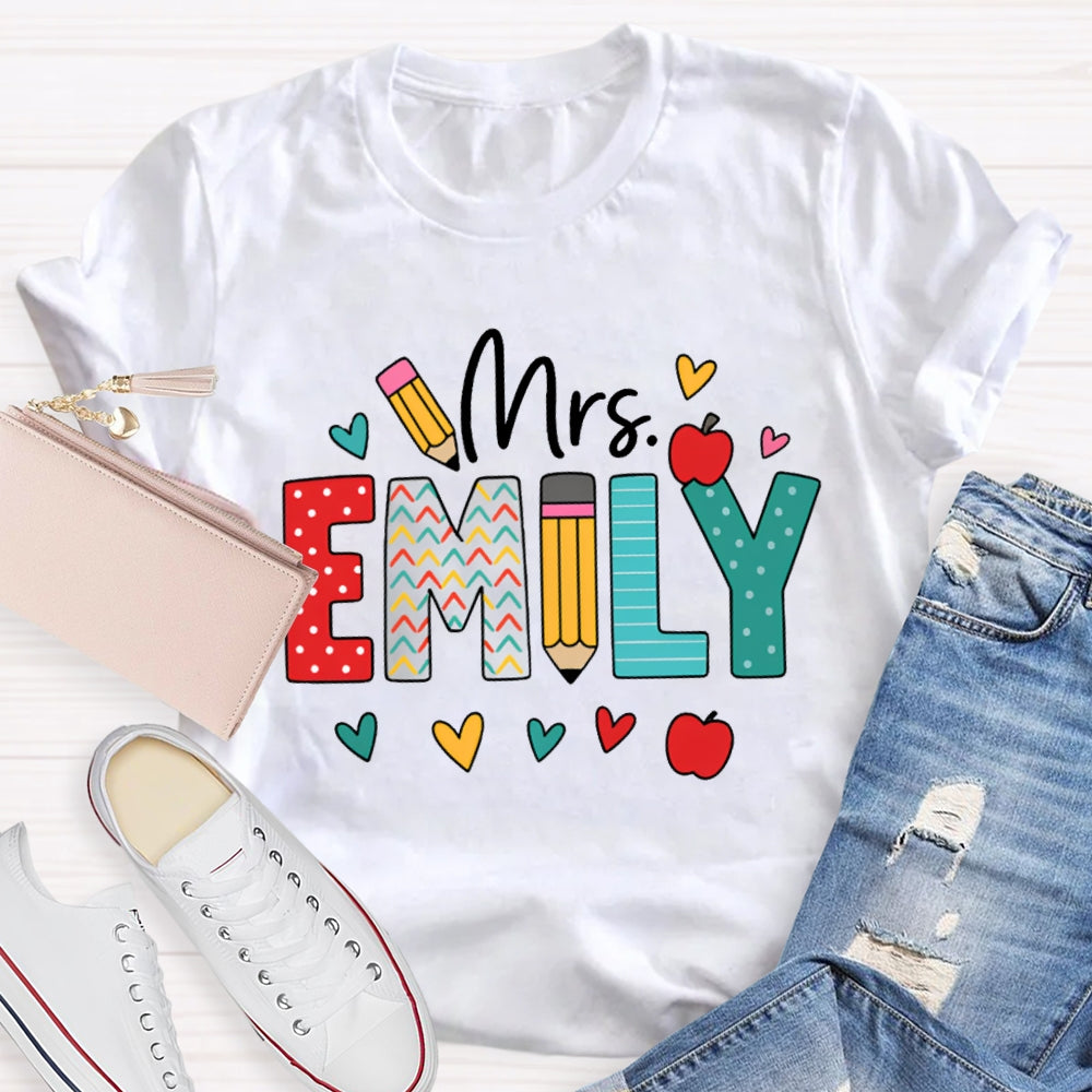 Personalized Name Colorful Peach Heart Apple And Polka Dot Font T-shirt