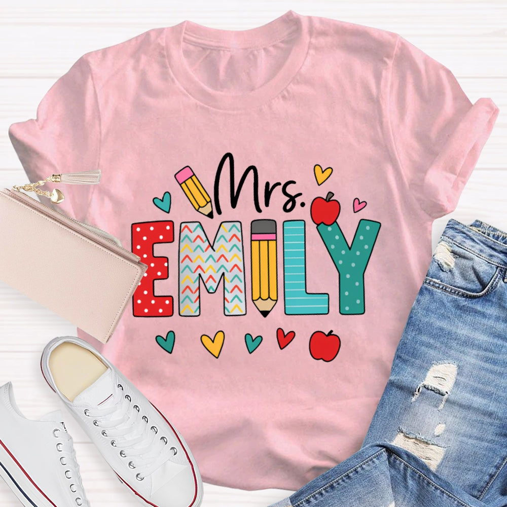 Personalized Name Colorful Peach Heart Apple And Polka Dot Font T-shirt