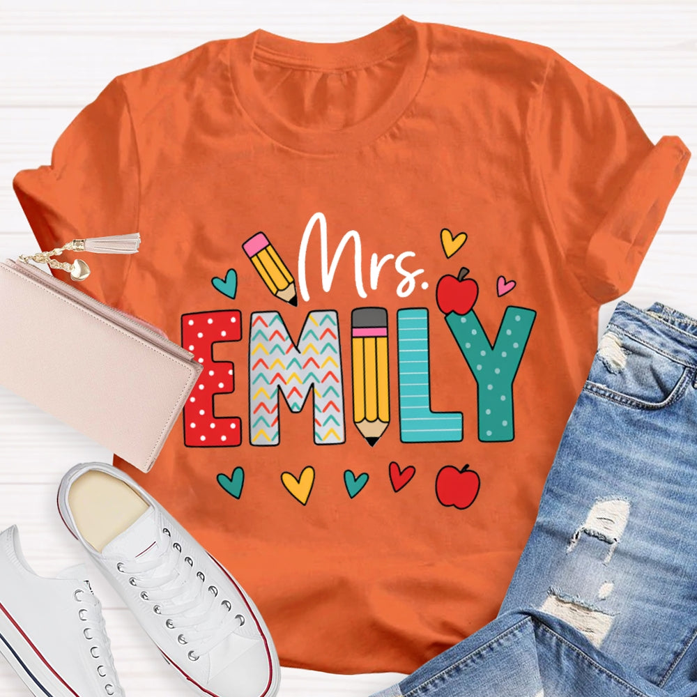 Personalized Name Colorful Peach Heart Apple And Polka Dot Font T-shirt