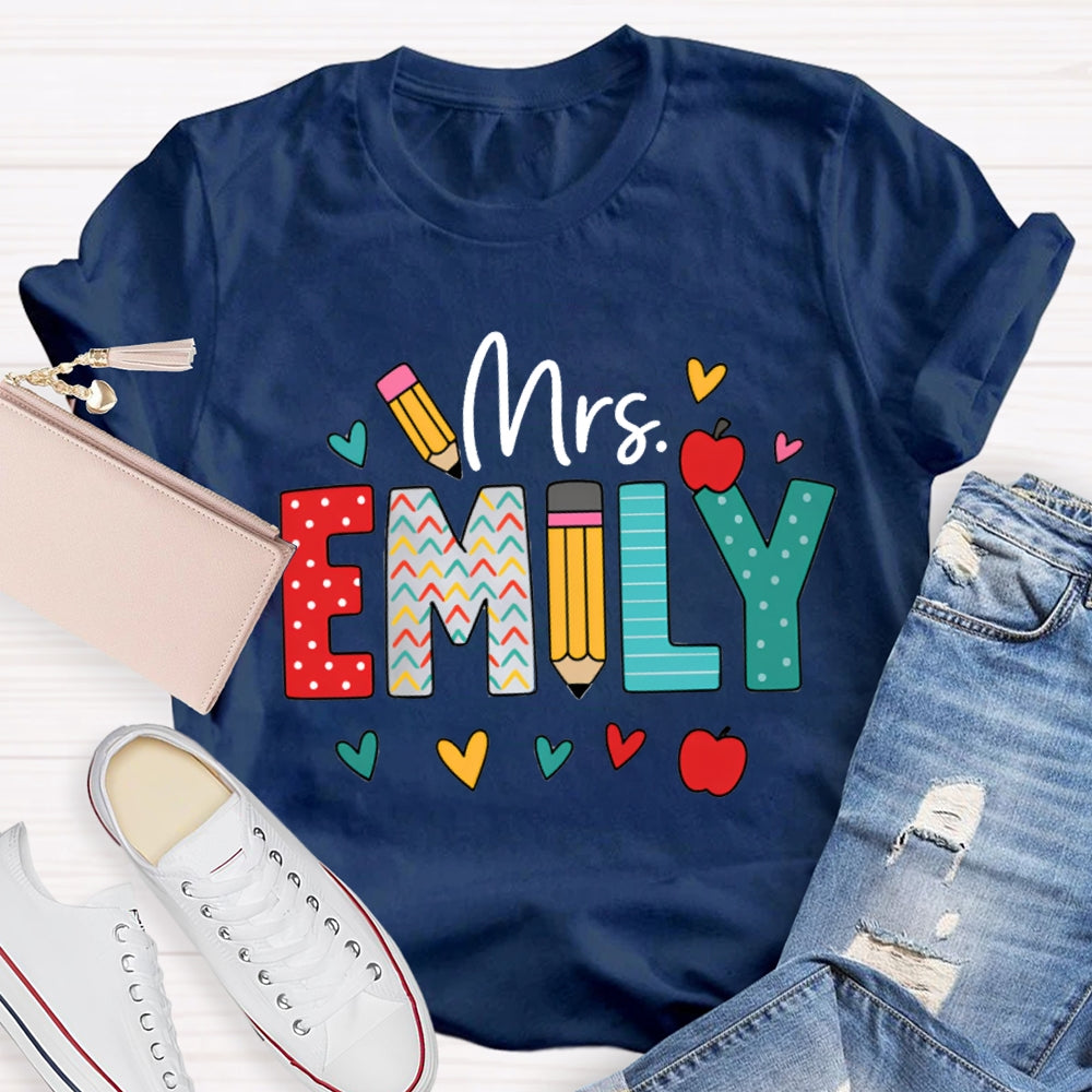 Personalized Name Colorful Peach Heart Apple And Polka Dot Font T-shirt