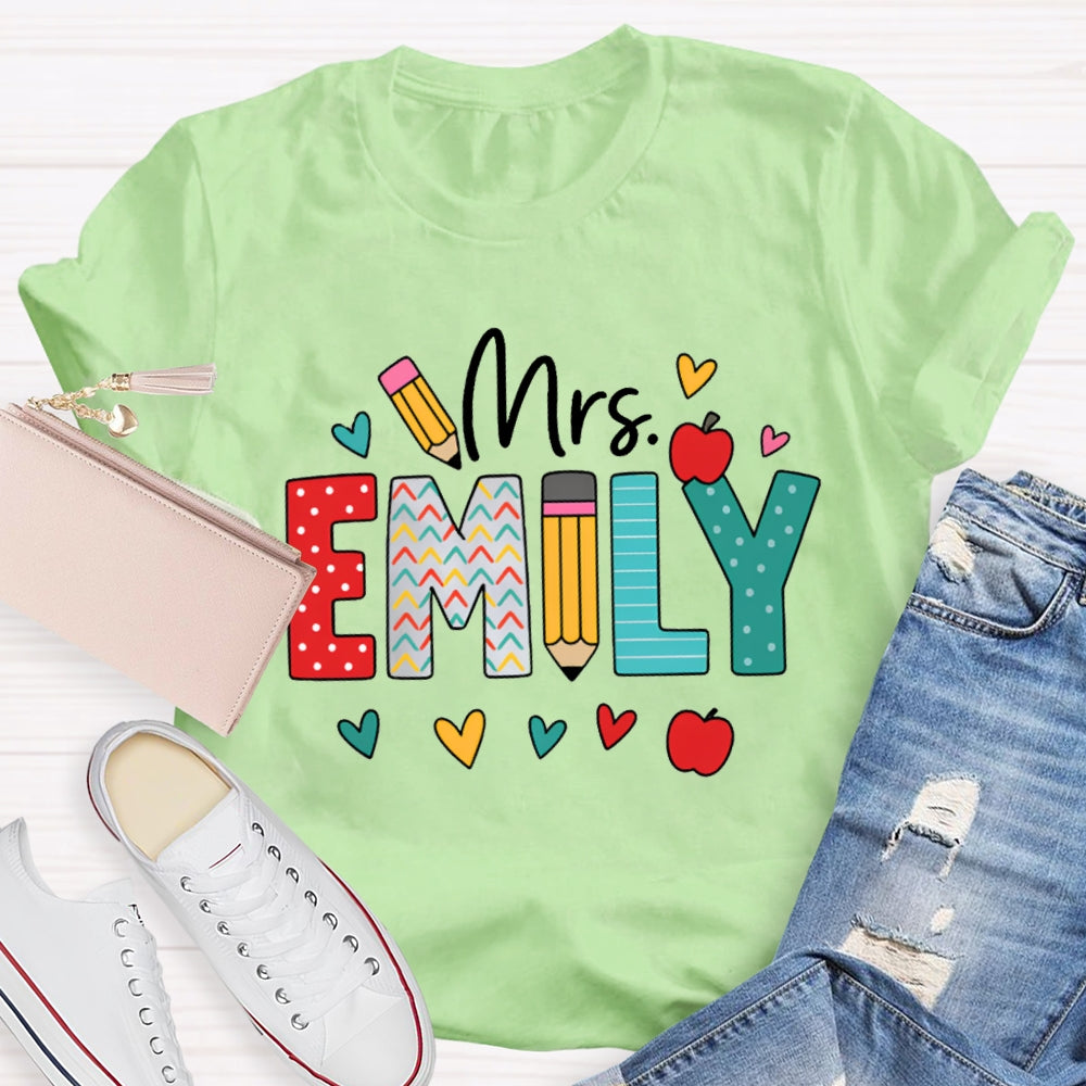 Personalized Name Colorful Peach Heart Apple And Polka Dot Font T-shirt
