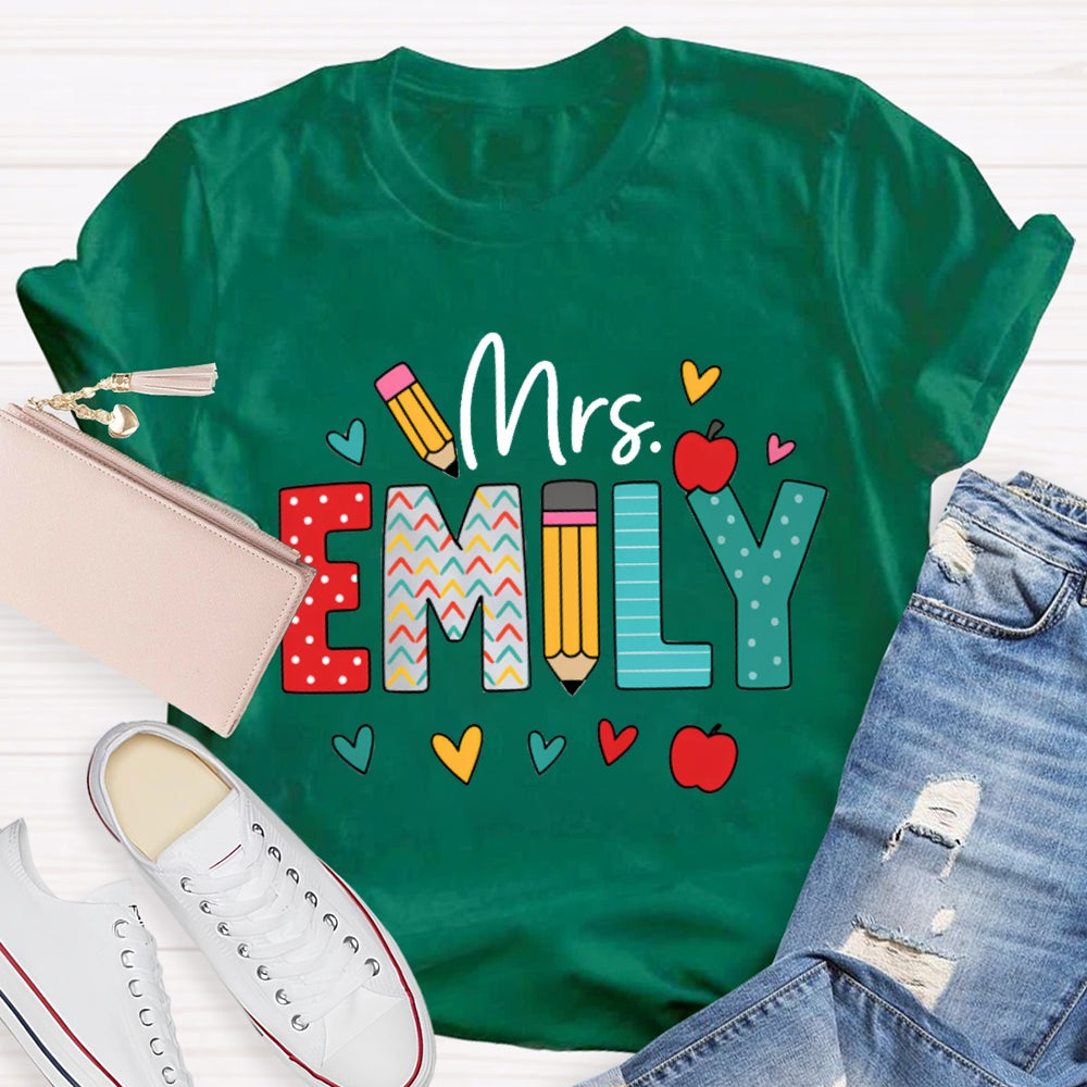 Personalized Name Colorful Peach Heart Apple And Polka Dot Font T-shirt