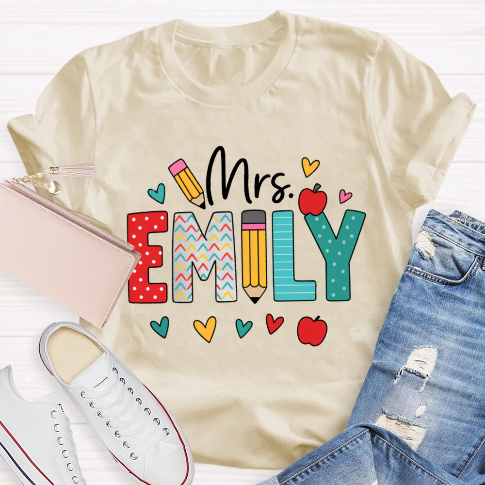 Personalized Name Colorful Peach Heart Apple And Polka Dot Font T-shirt