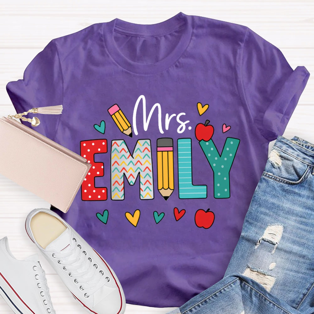 Personalized Name Colorful Peach Heart Apple And Polka Dot Font T-shirt