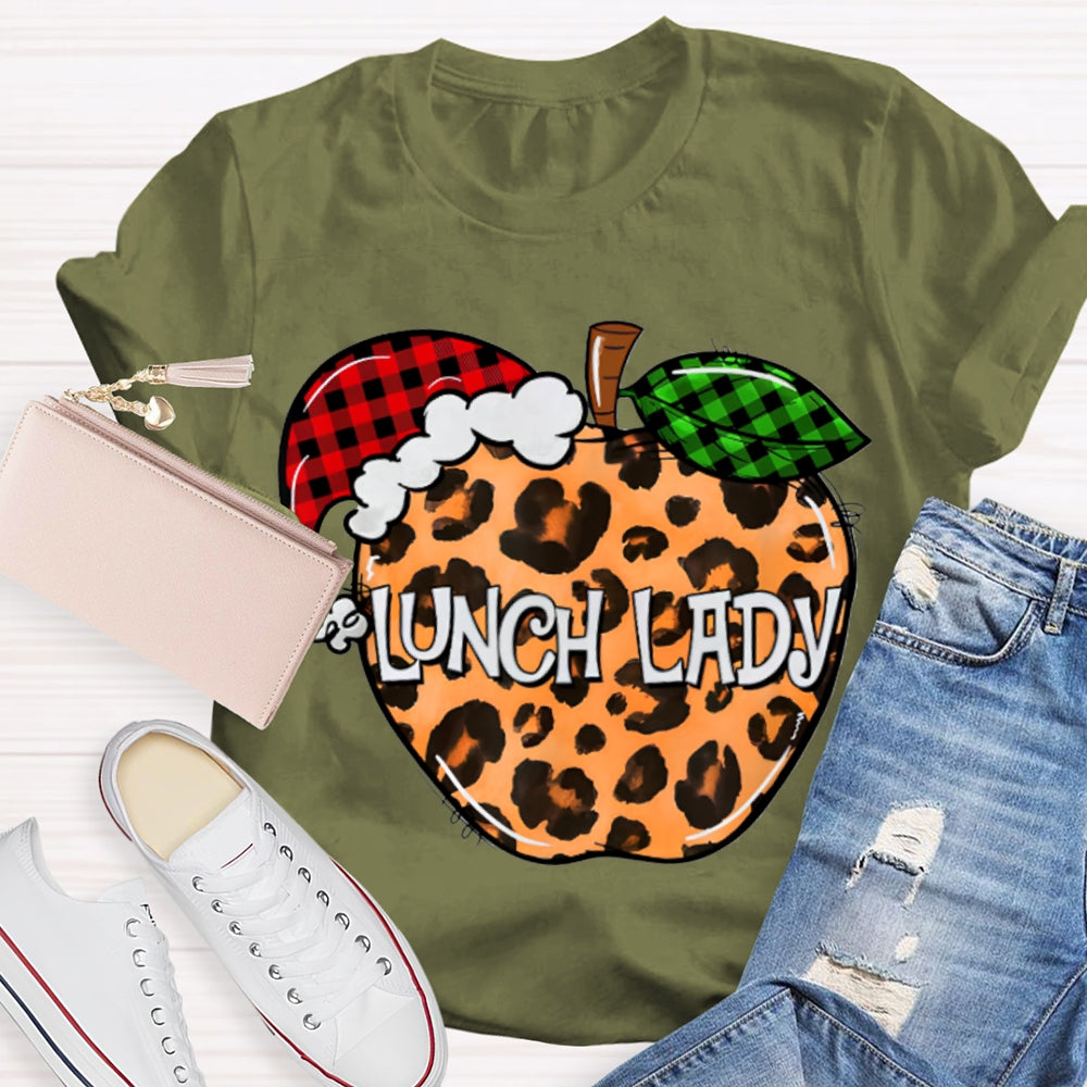 Lunch Lady Leopard Print Apple And Santa Hat T-shirt