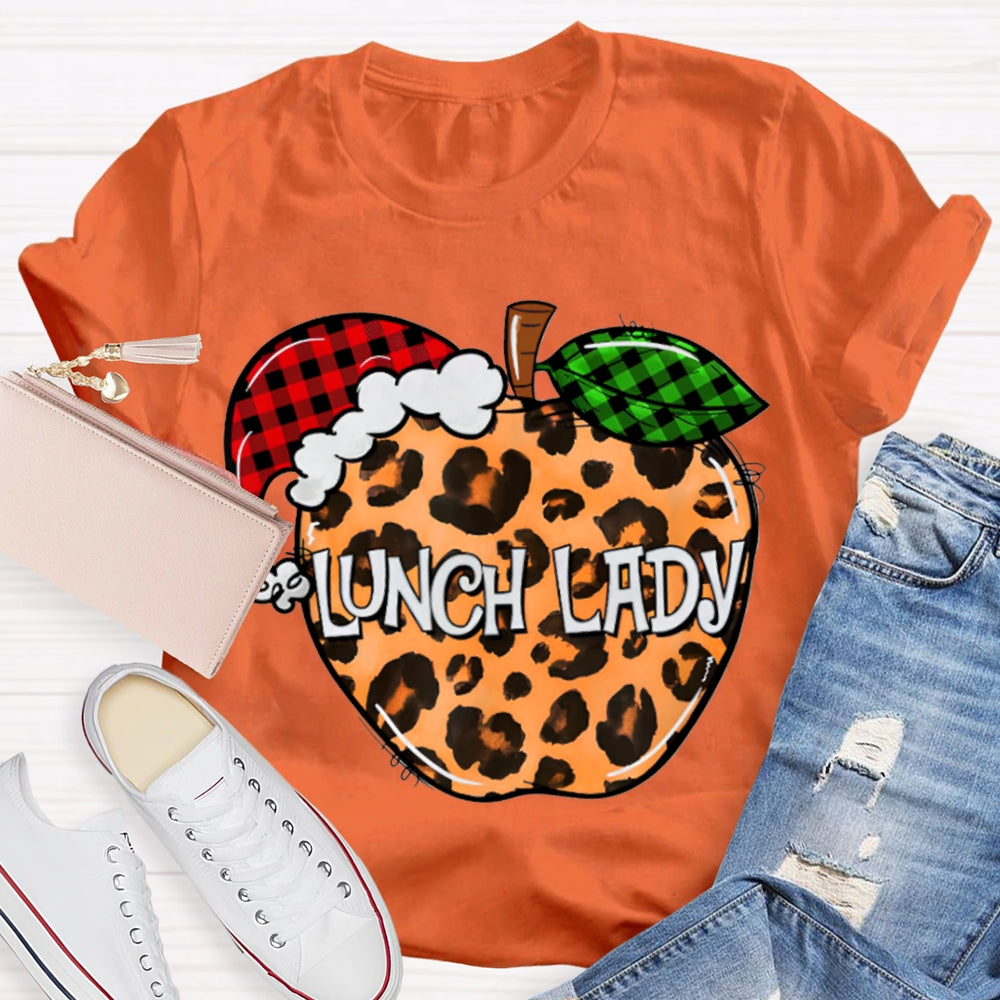 Lunch Lady Leopard Print Apple And Santa Hat T-shirt