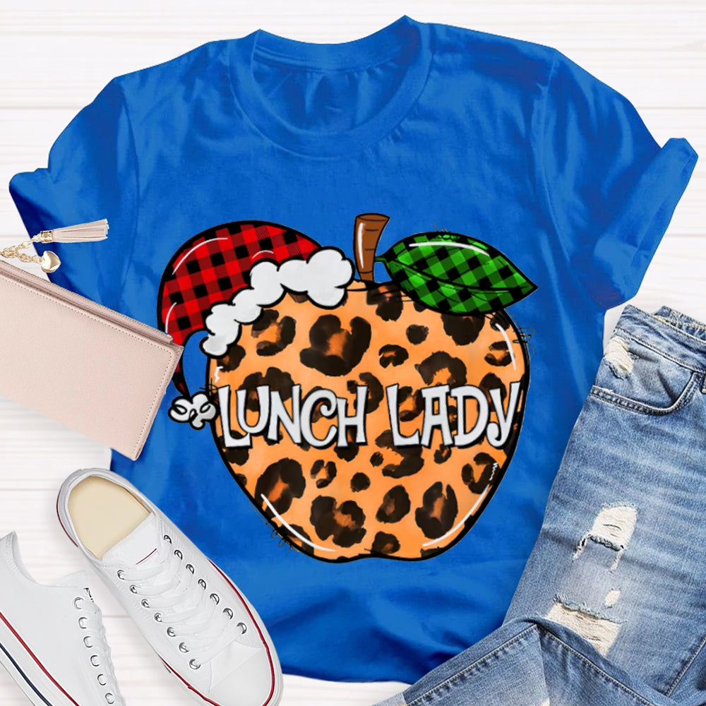 Lunch Lady Leopard Print Apple And Santa Hat T-shirt