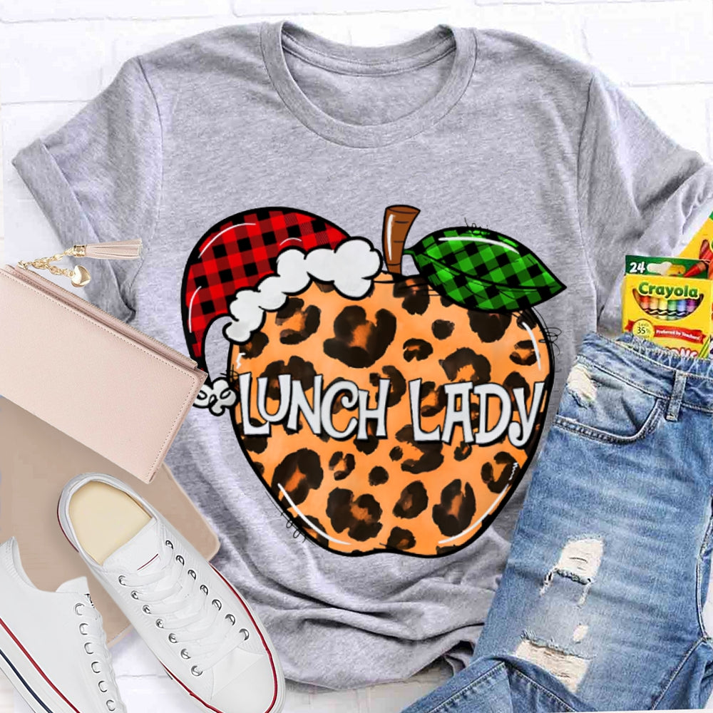 Lunch Lady Leopard Print Apple And Santa Hat T-shirt