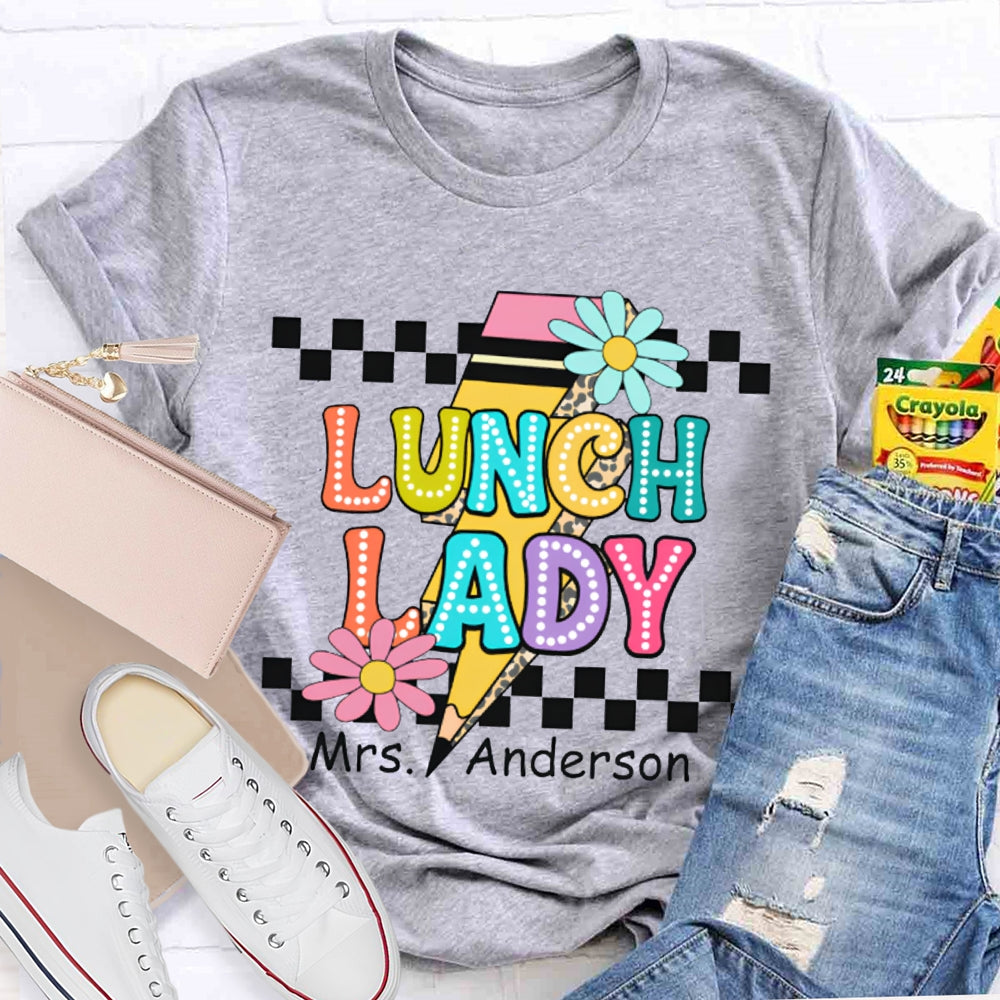 Personalized Name Lunch Lady Small Flower And Lightning Print T-shirt
