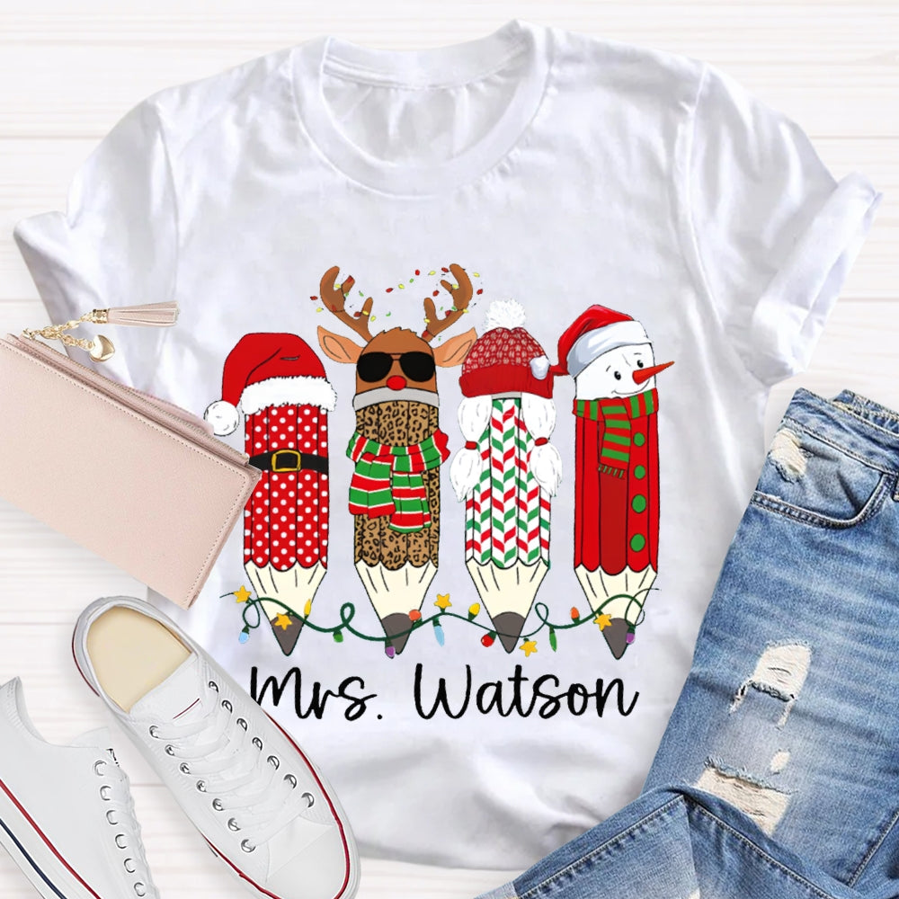 Personalized Name Leopard Pen And Snowman Pen Christmas T-shirt