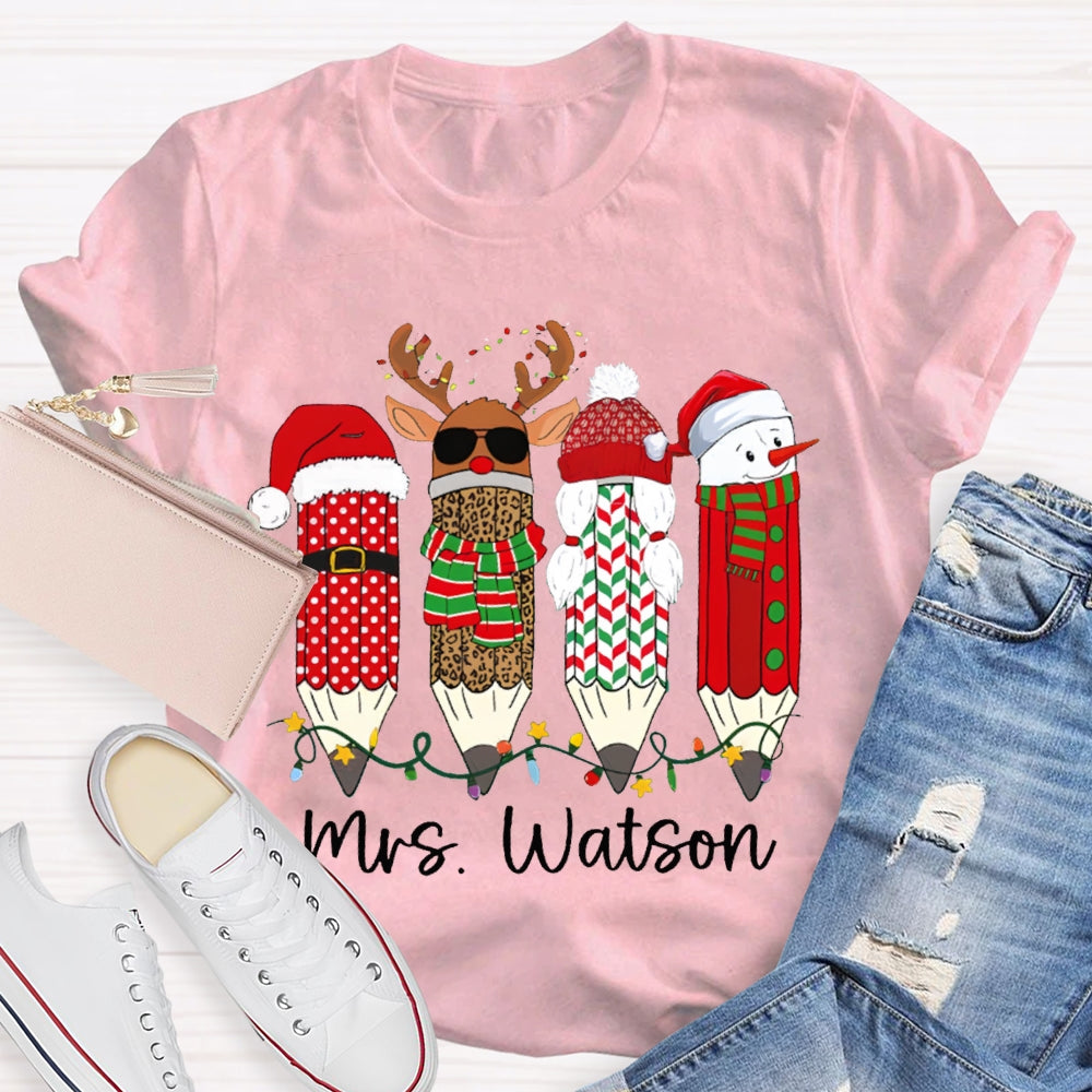 Personalized Name Leopard Pen And Snowman Pen Christmas T-shirt