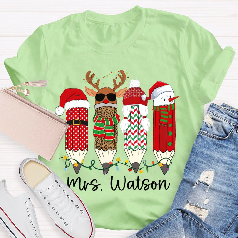 Personalized Name Leopard Pen And Snowman Pen Christmas T-shirt