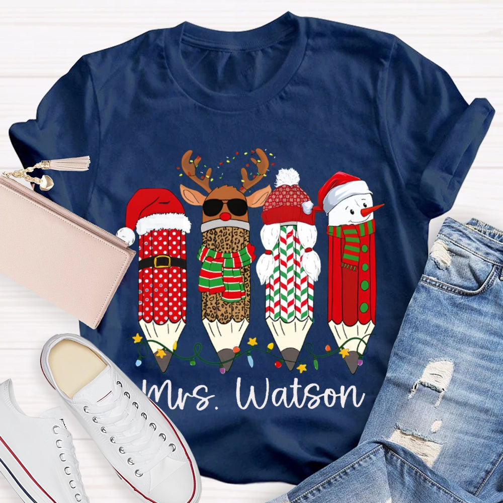 Personalized Name Leopard Pen And Snowman Pen Christmas T-shirt