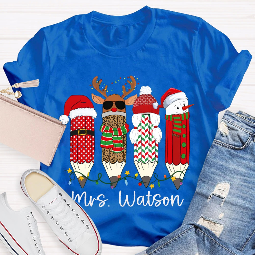 Personalized Name Leopard Pen And Snowman Pen Christmas T-shirt
