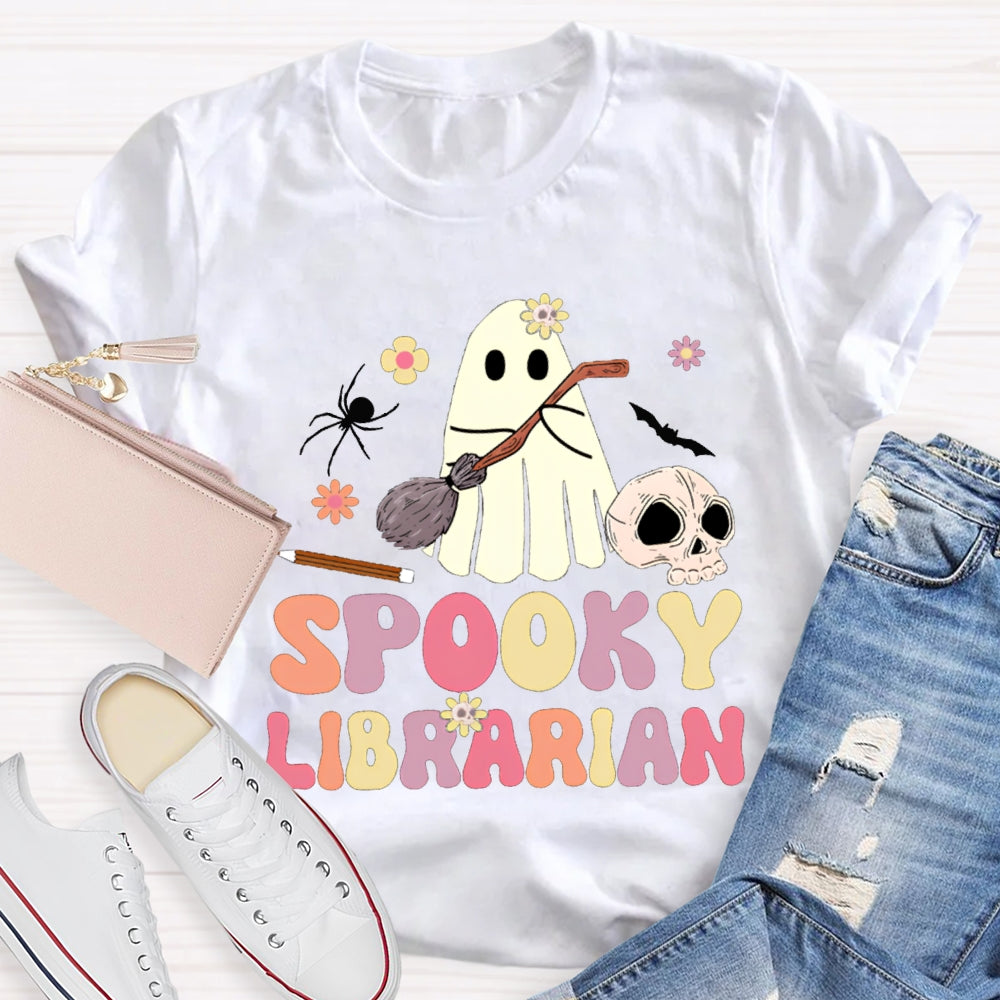 Spooky Librarian Cute Ghost Holding A Mop Halloween T-shirt