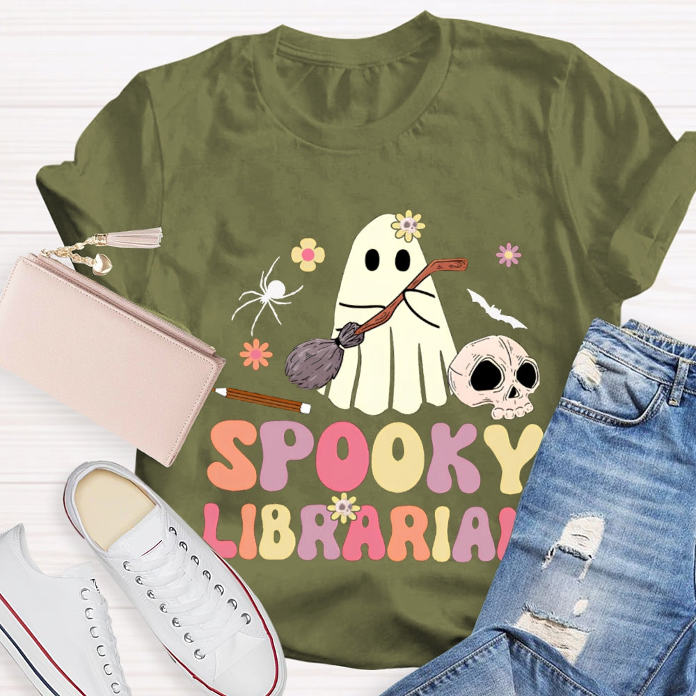 Spooky Librarian Cute Ghost Holding A Mop Halloween T-shirt