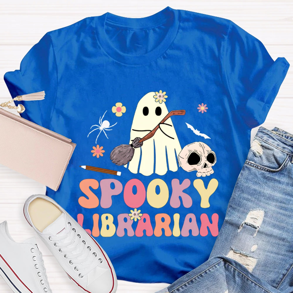 Spooky Librarian Cute Ghost Holding A Mop Halloween T-shirt