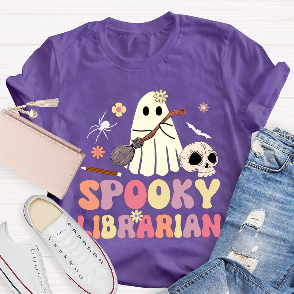 Spooky Librarian Cute Ghost Holding A Mop Halloween T-shirt