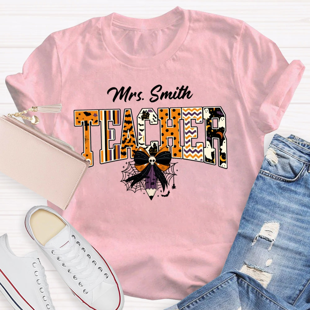 Personalized Name Teacher Halloween Bow Tie Pencil T-shirt