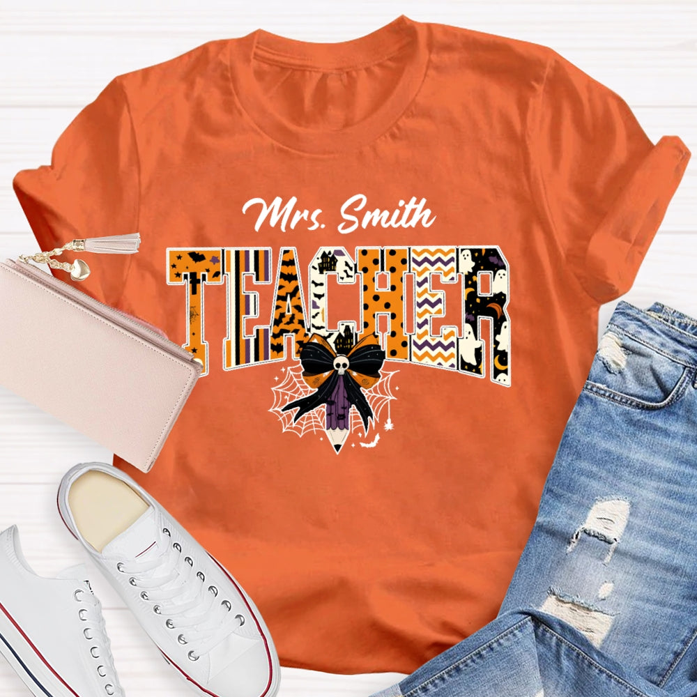 Personalized Name Teacher Halloween Bow Tie Pencil T-shirt