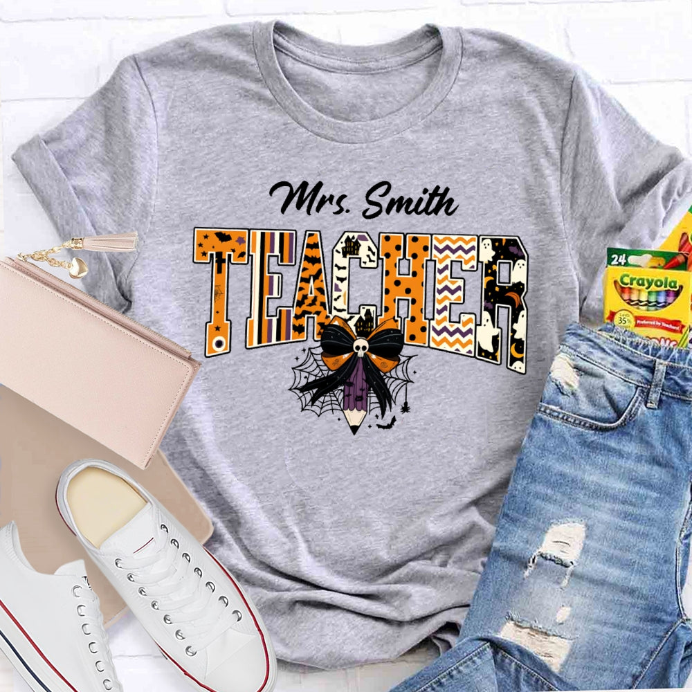 Personalized Name Teacher Halloween Bow Tie Pencil T-shirt