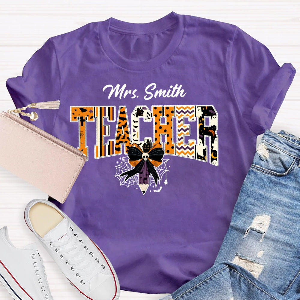 Personalized Name Teacher Halloween Bow Tie Pencil T-shirt