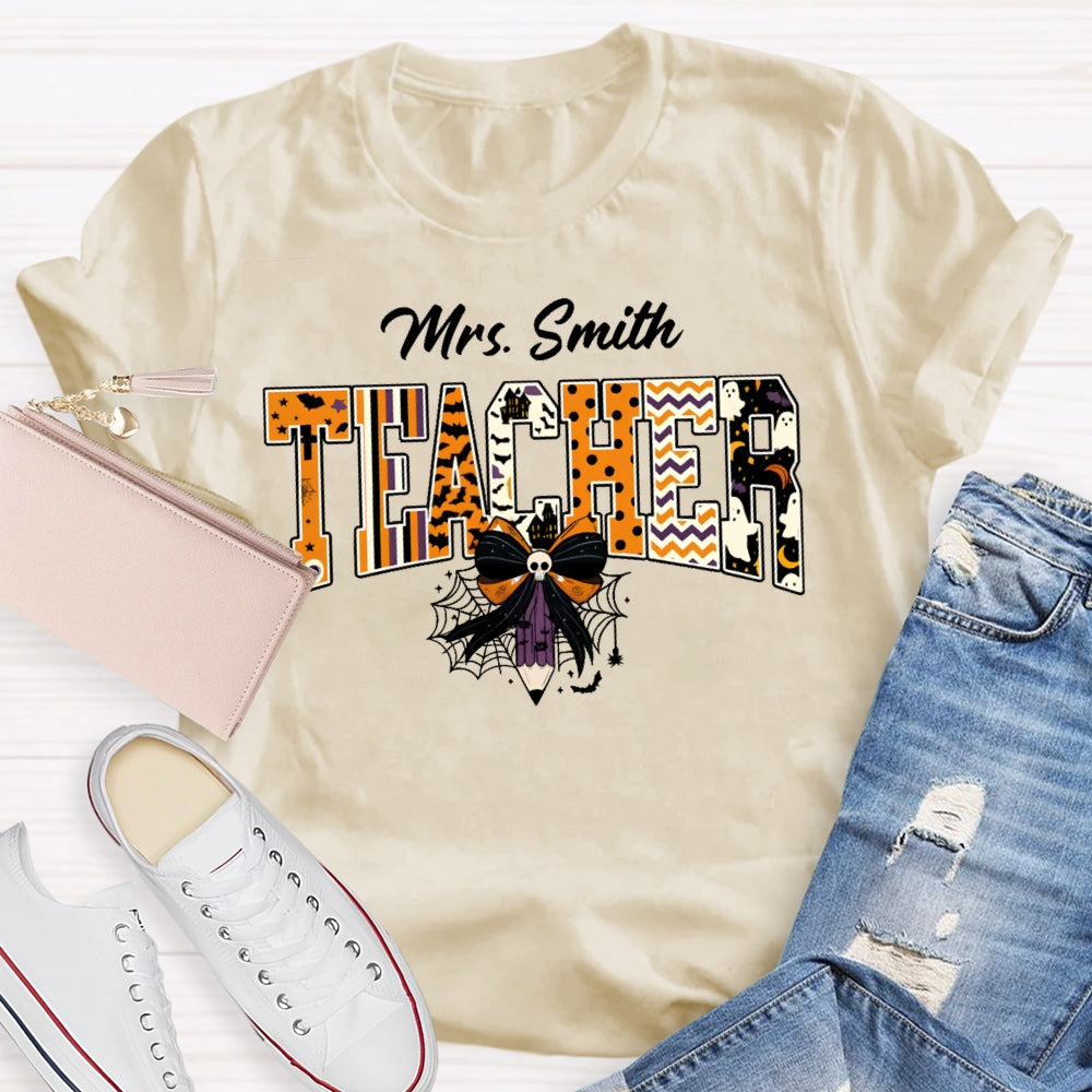 Personalized Name Teacher Halloween Bow Tie Pencil T-shirt