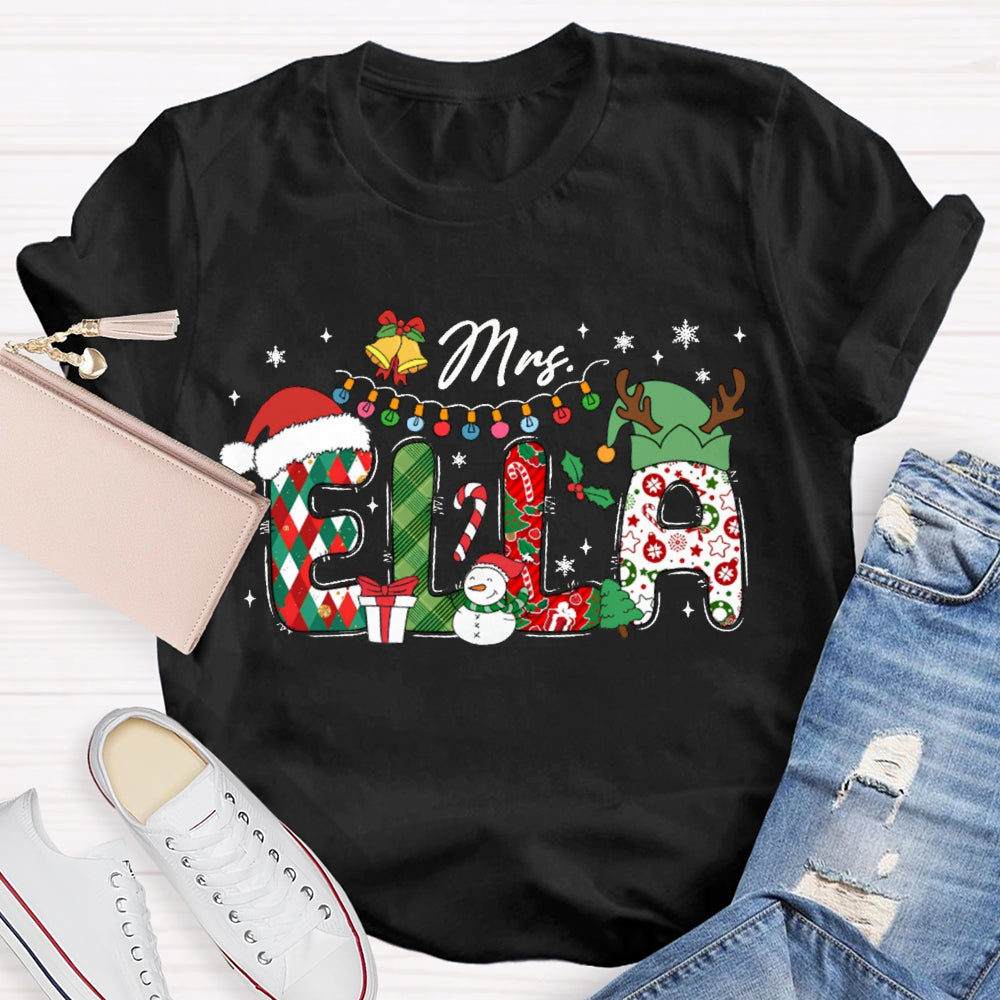 Personalized Name Fairy Lights And Santa Hat Snowman T-shirt