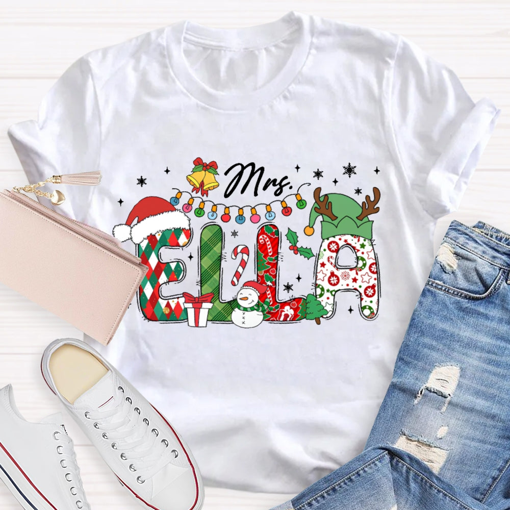 Personalized Name Fairy Lights And Santa Hat Snowman T-shirt