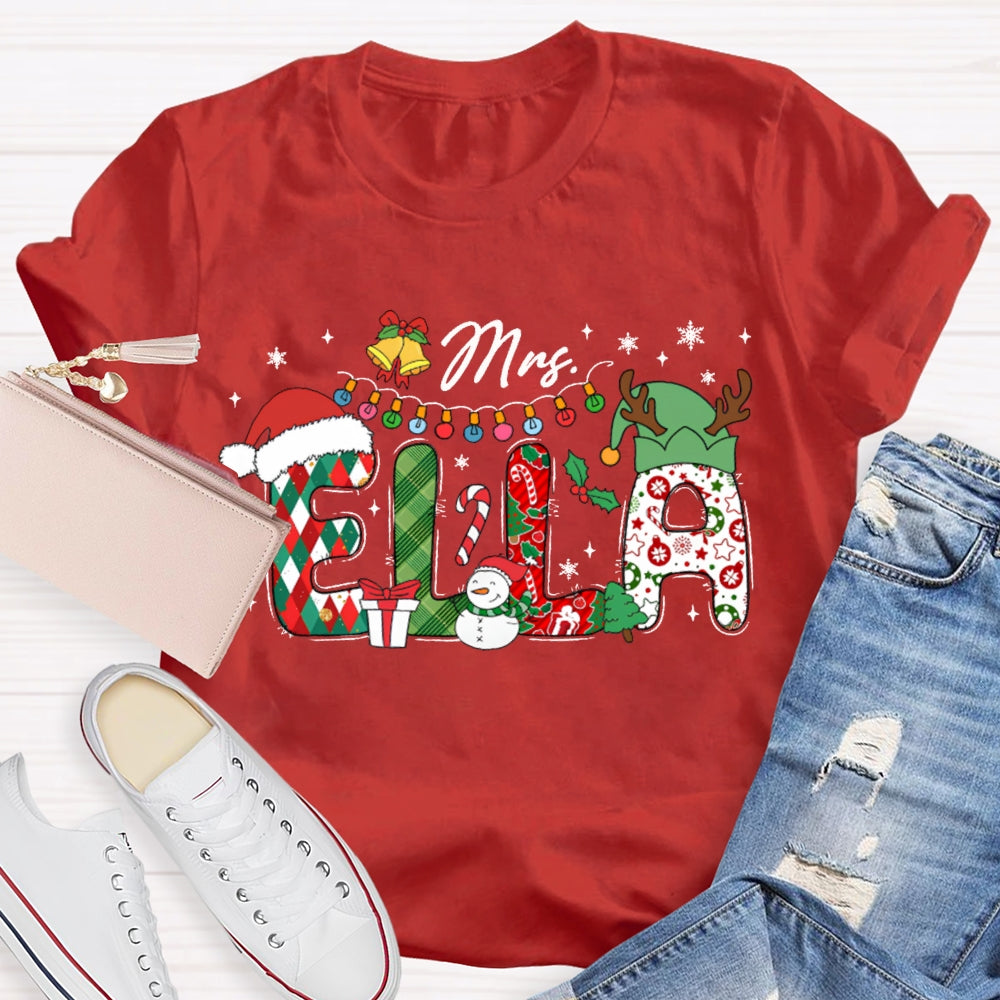 Personalized Name Fairy Lights And Santa Hat Snowman T-shirt