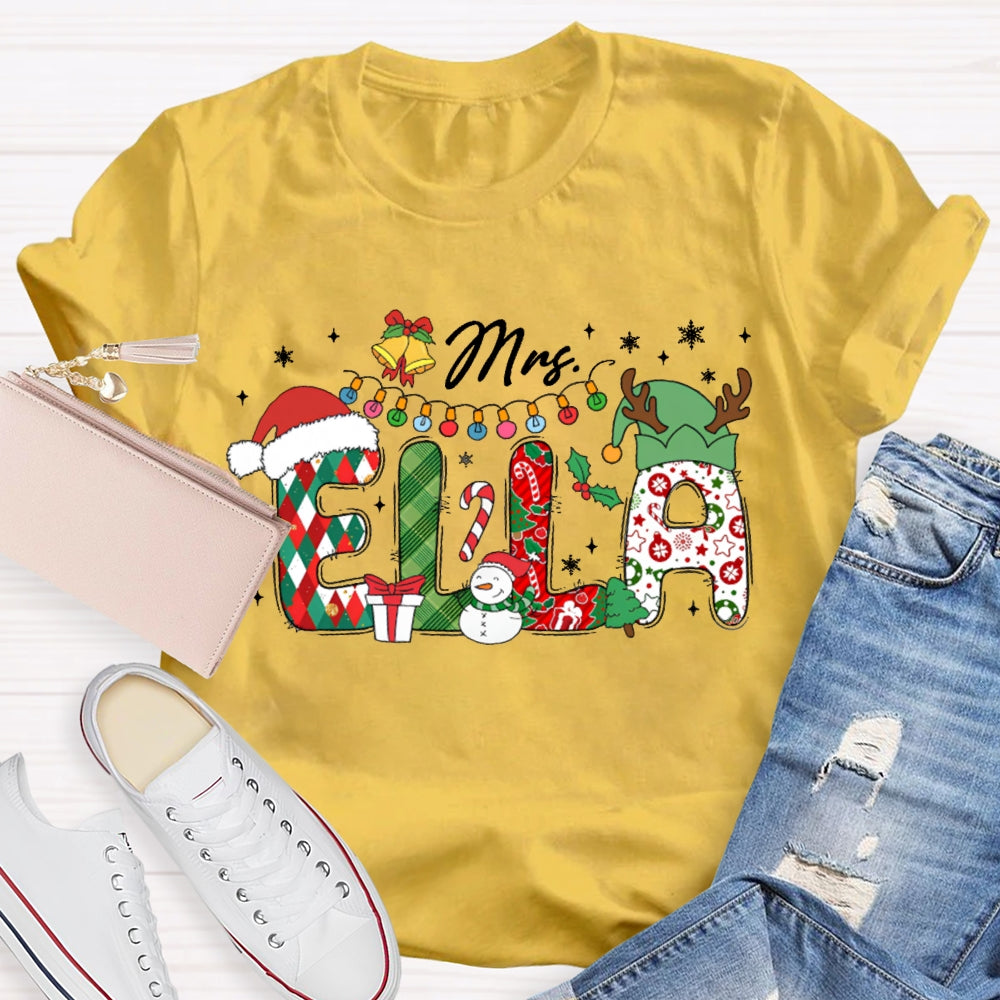Personalized Name Fairy Lights And Santa Hat Snowman T-shirt