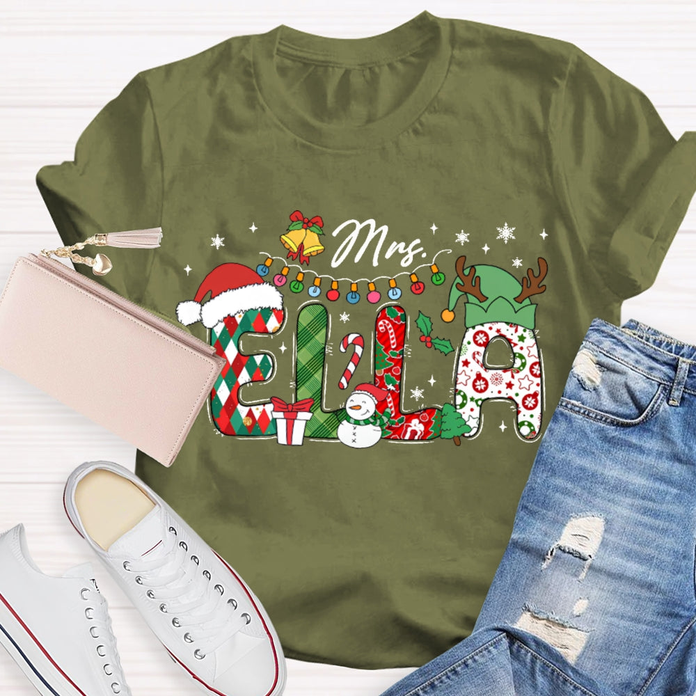 Personalized Name Fairy Lights And Santa Hat Snowman T-shirt