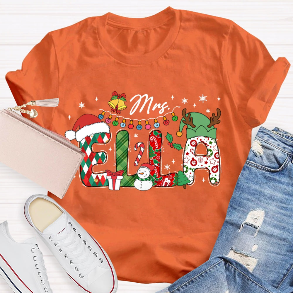 Personalized Name Fairy Lights And Santa Hat Snowman T-shirt