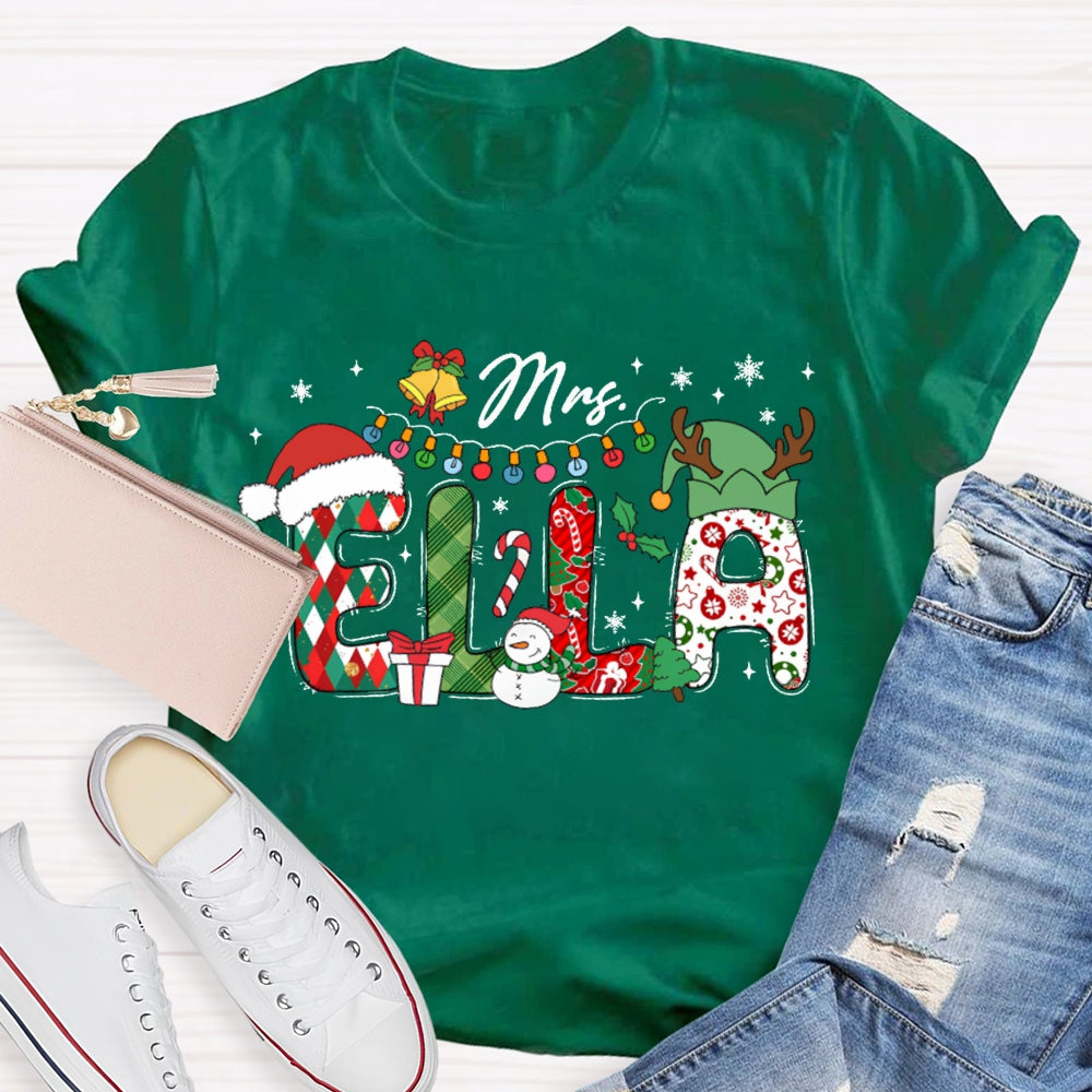 Personalized Name Fairy Lights And Santa Hat Snowman T-shirt