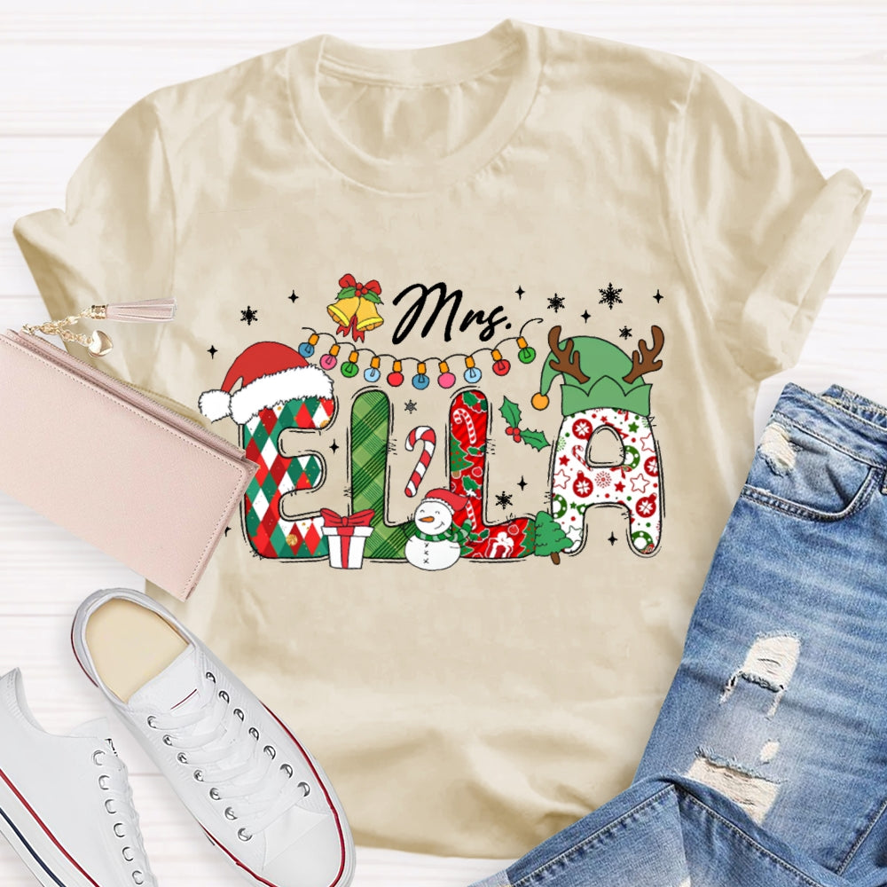 Personalized Name Fairy Lights And Santa Hat Snowman T-shirt