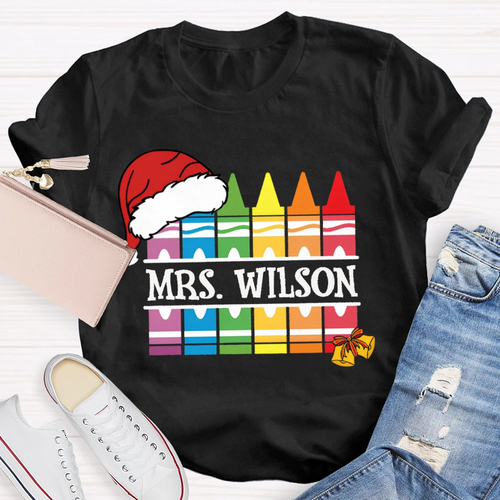 Personalized Name Santa Hat And Colorful Crayons Christmas T-shirt